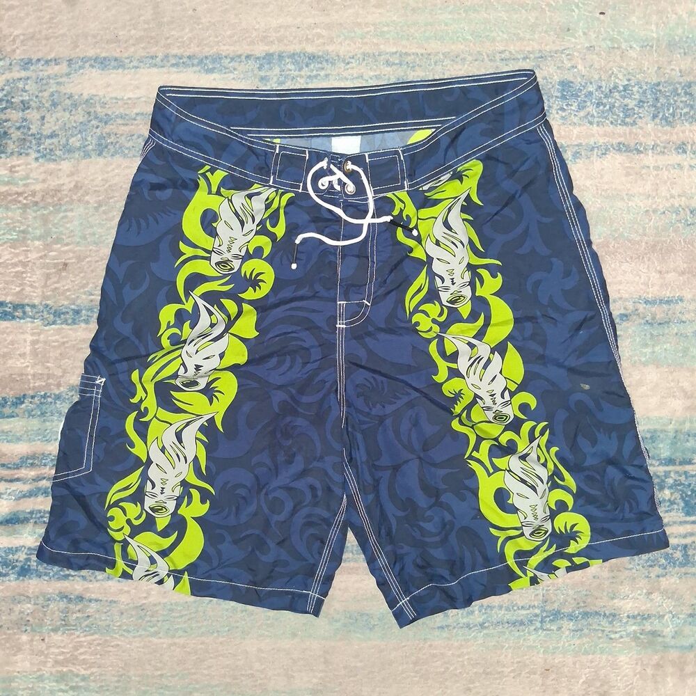 Vtg Rusty Board Shorts Men’s 32 Y2K Tribal Floral Long Surf Tiki Hawaiian Flame